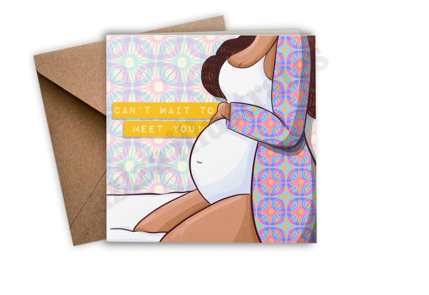 Greeting card with a pregnant woman illustration and colorful text, featuring a brown envelope.